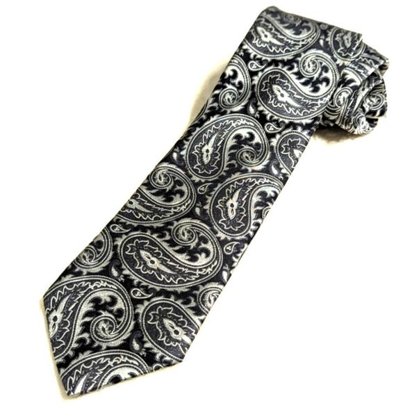 Vintage Men's Handmade Silk X-Long Black and Silver Paisley Print Tie - Picture 4 of 12